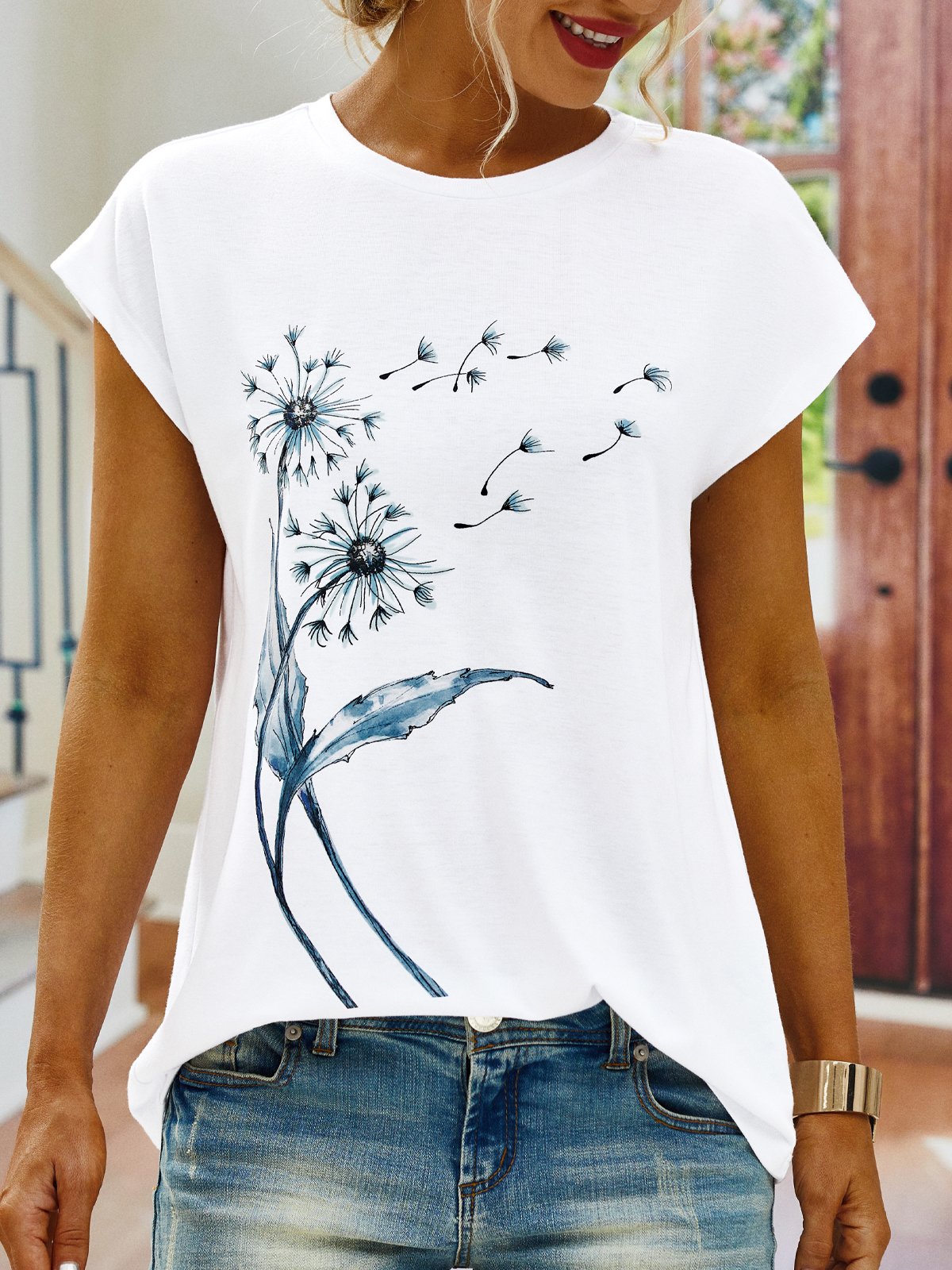 Casual Dandelion Short Sleeve Round Neck Printed Top T-Shirt