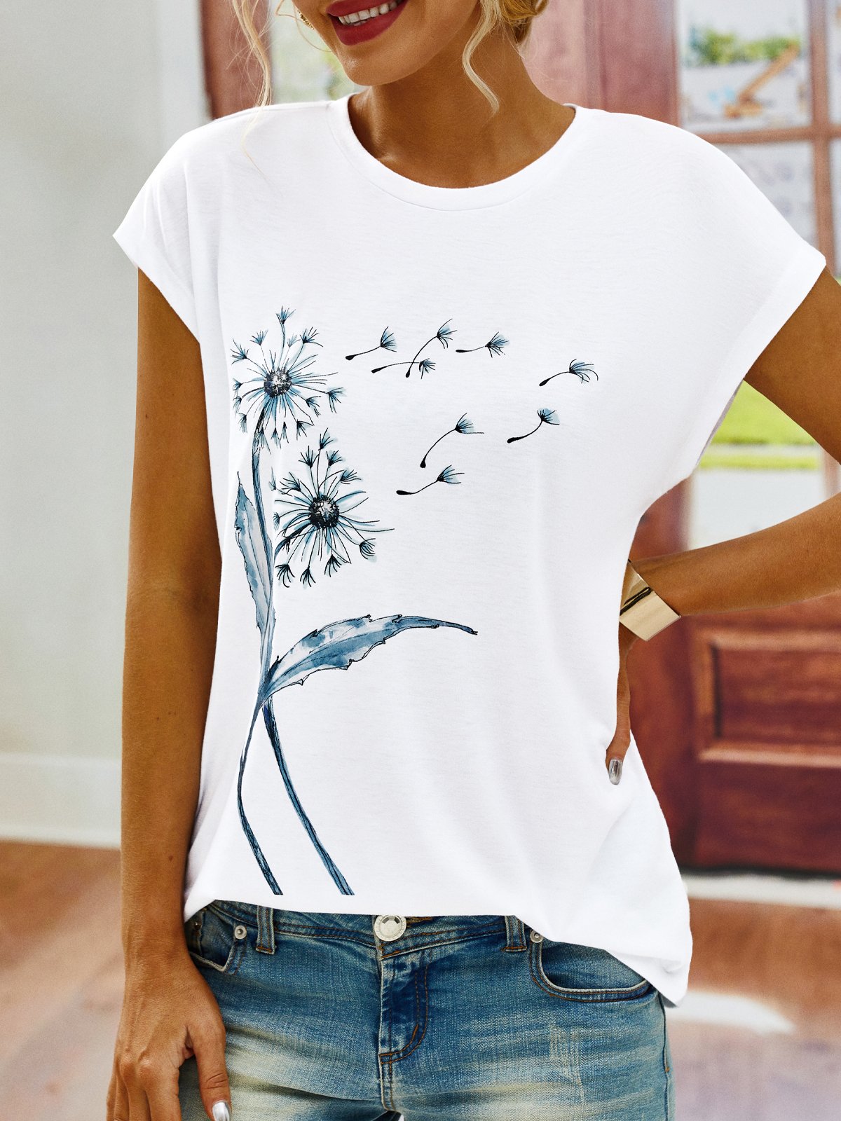 Casual Dandelion Short Sleeve Round Neck Printed Top T-Shirt