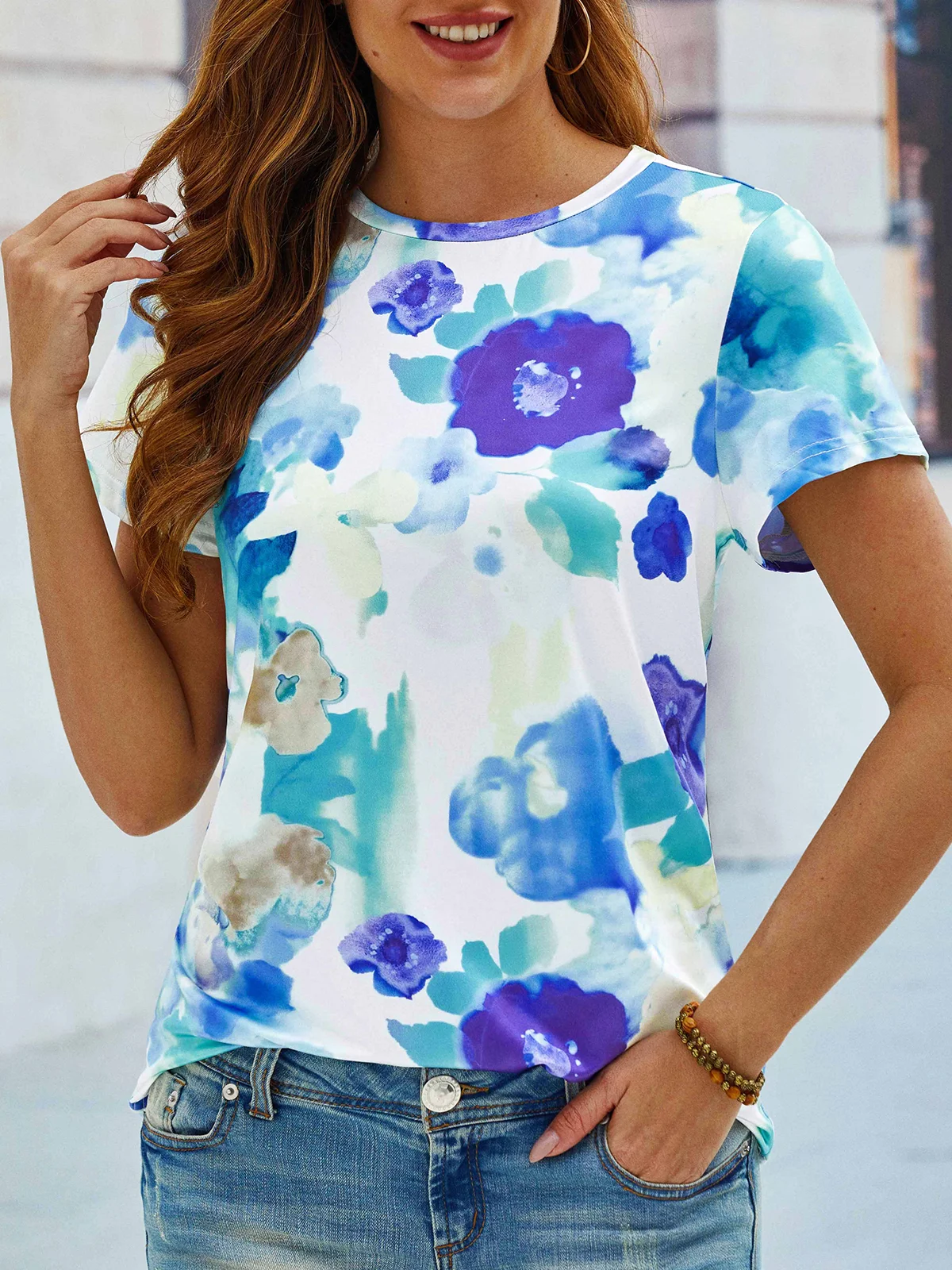 Crew Neck Floral Short Sleeve Casual T-Shirt