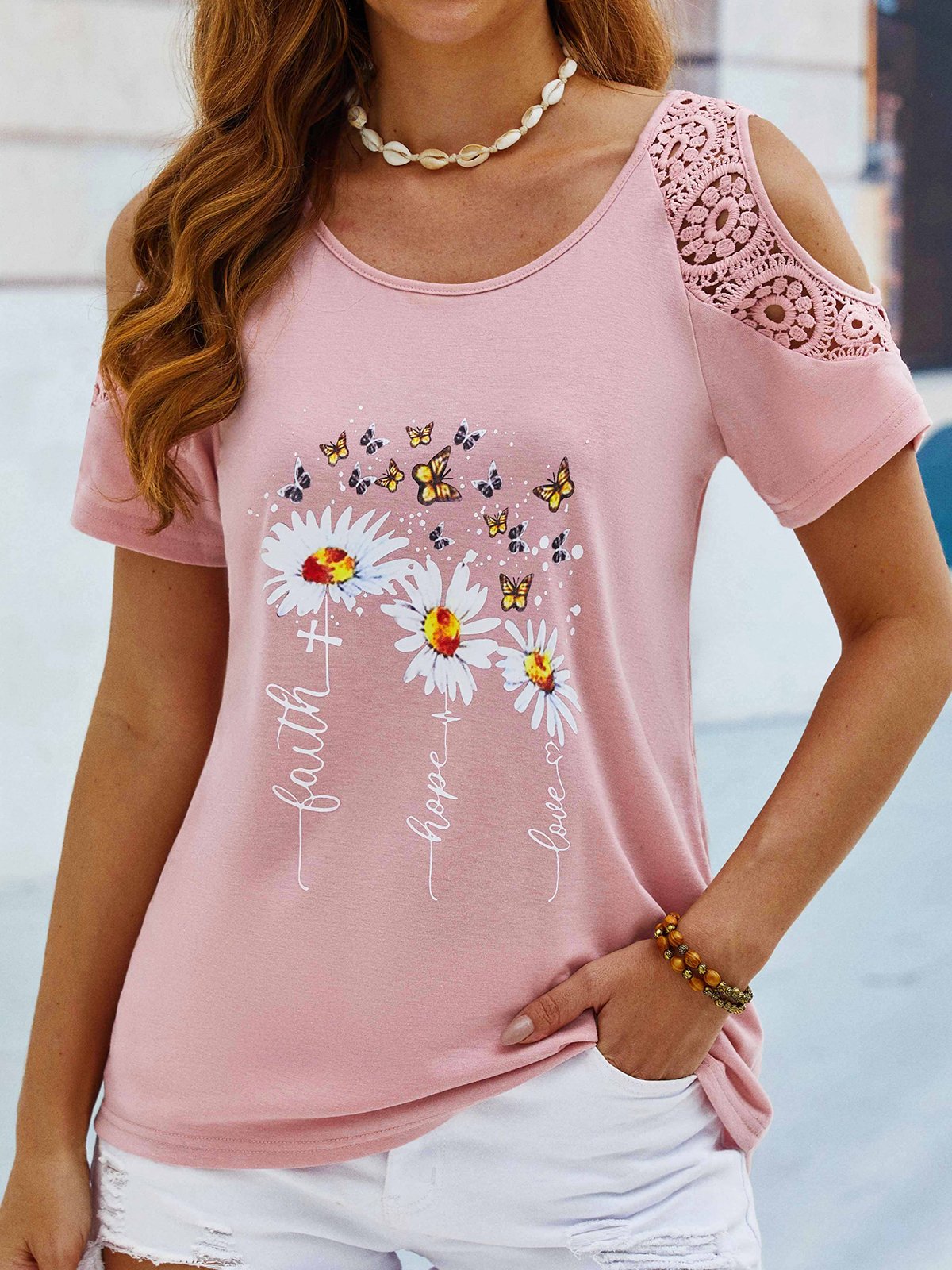 Floral Butterfly Printed Vacation Loosen Scoop Neckline Short Sleeve T-Shirt