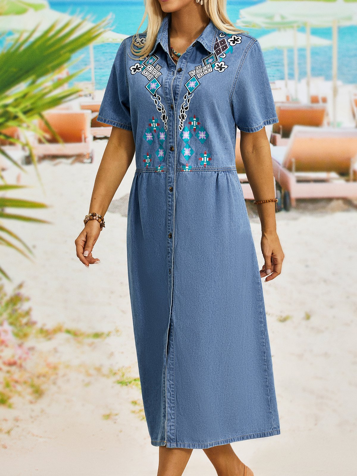 Casual Geometric Denim Short sleeve Woven Dress