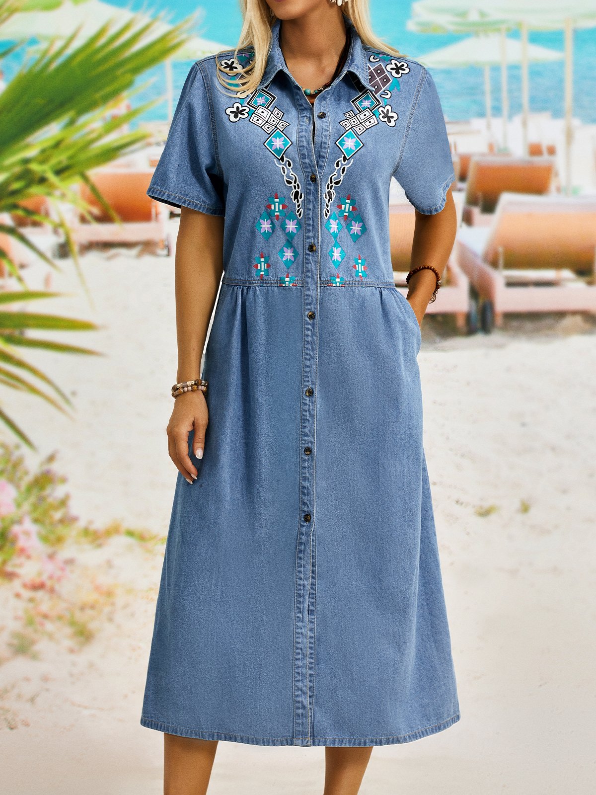 Casual Geometric Denim Short sleeve Woven Dress