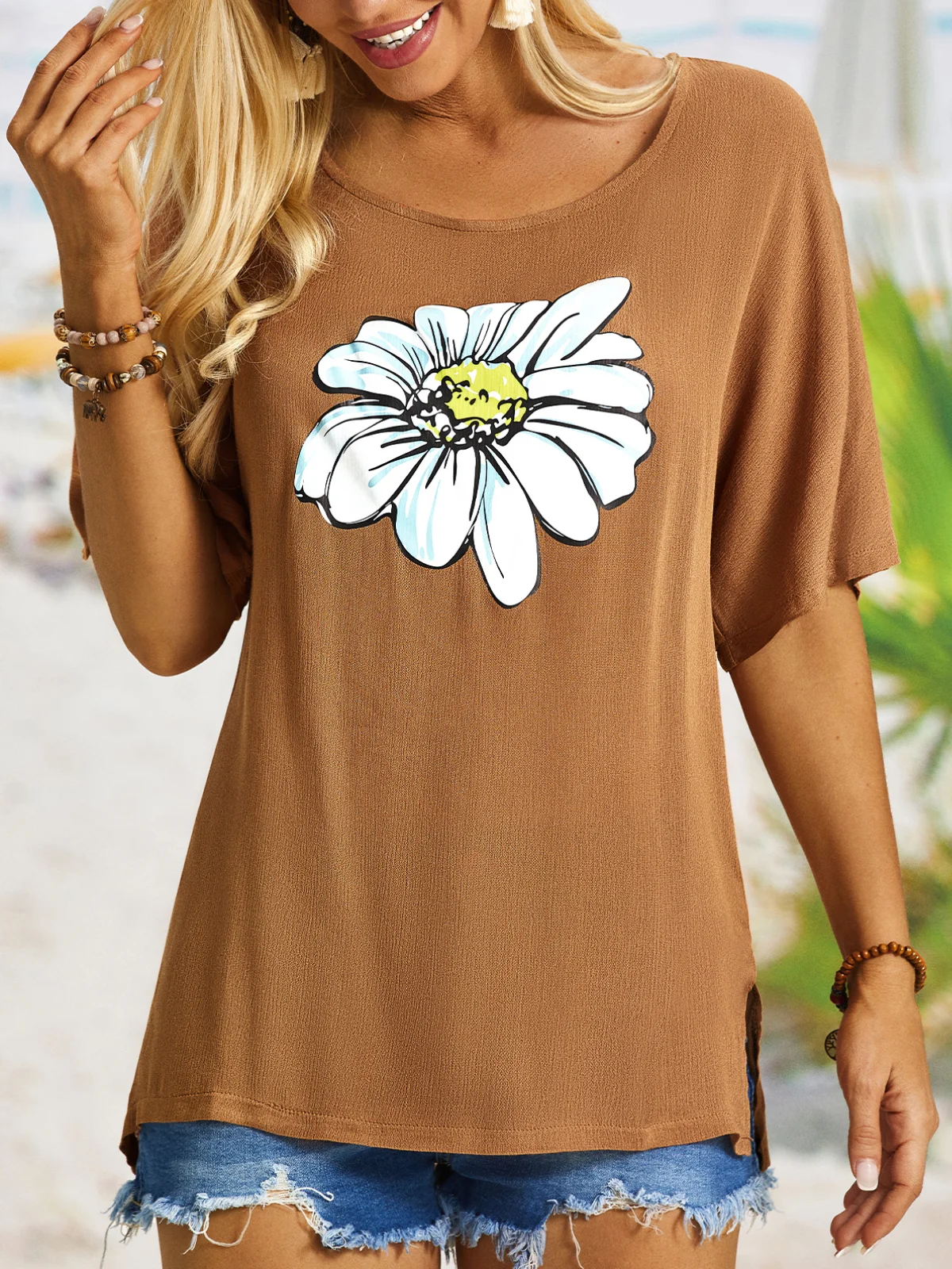 Summer casual retro small daisy printed short sleeve big round neck loose top