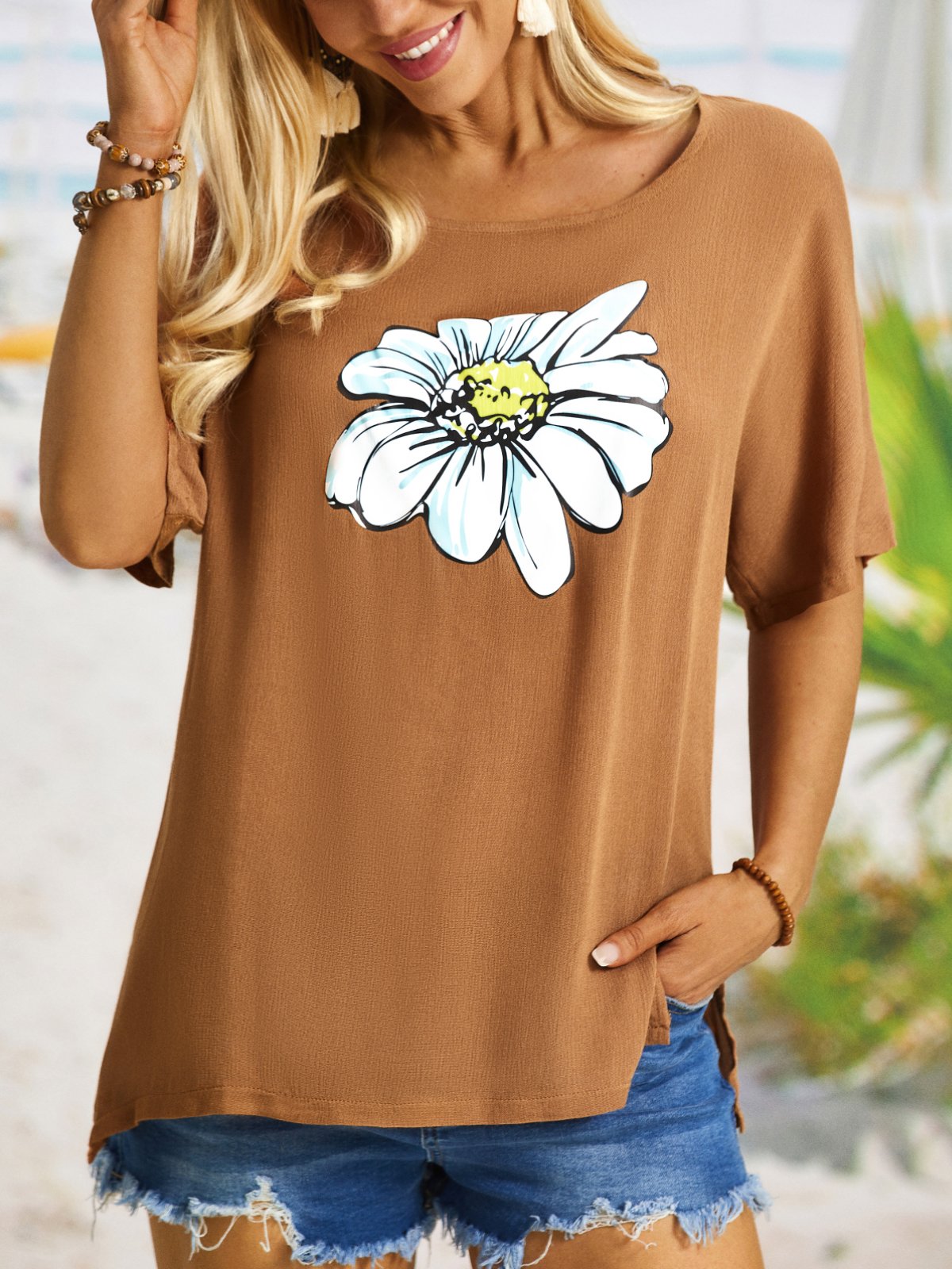 Summer casual retro small daisy printed short sleeve big round neck loose top