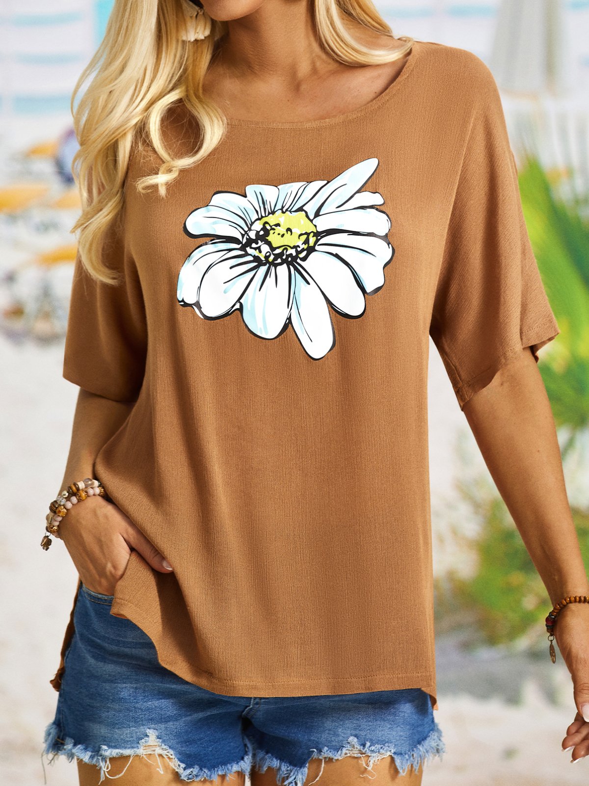 Summer casual retro small daisy printed short sleeve big round neck loose top