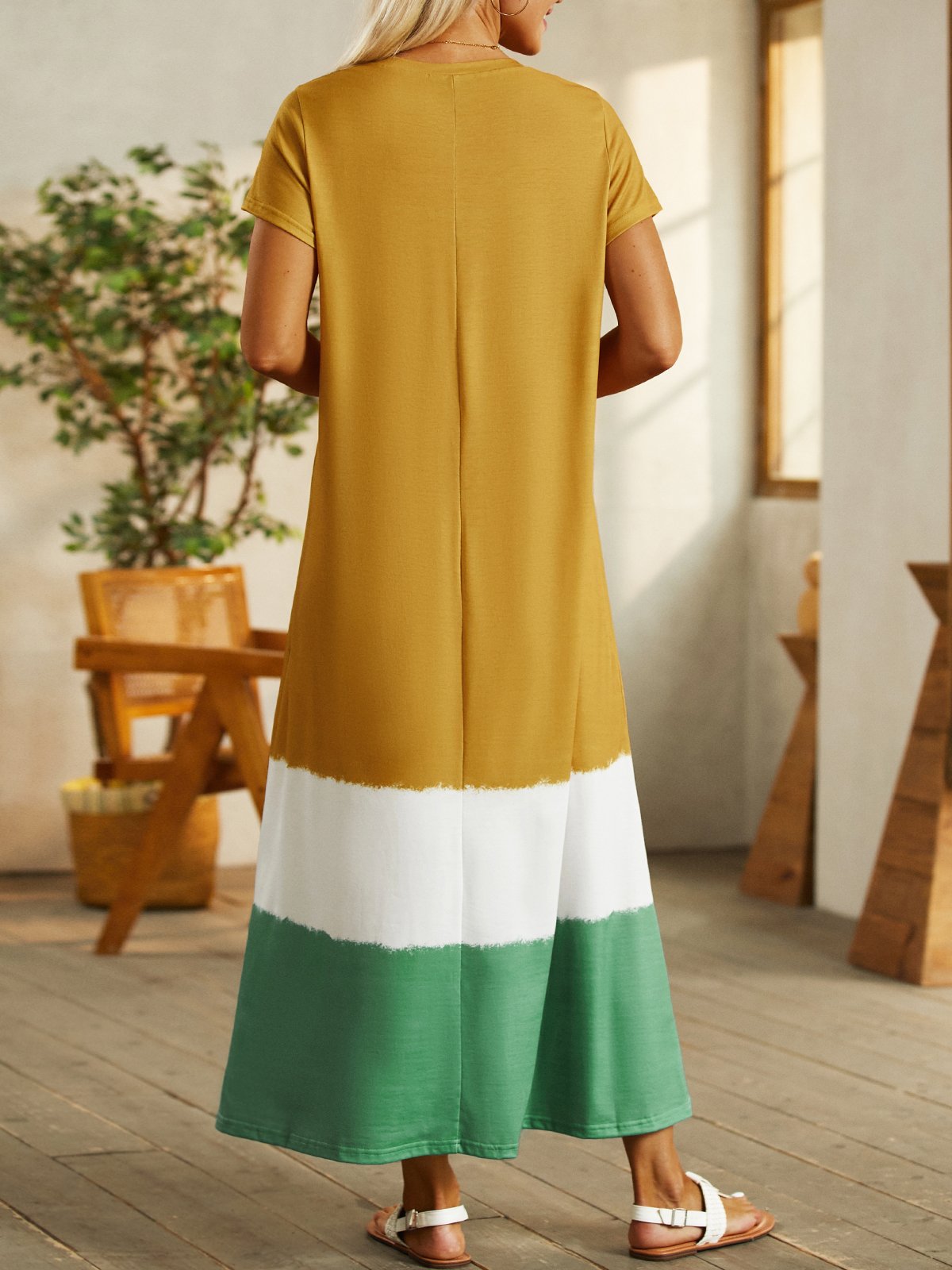 Striped Cotton-Blend Casual Short Sleeve Dress