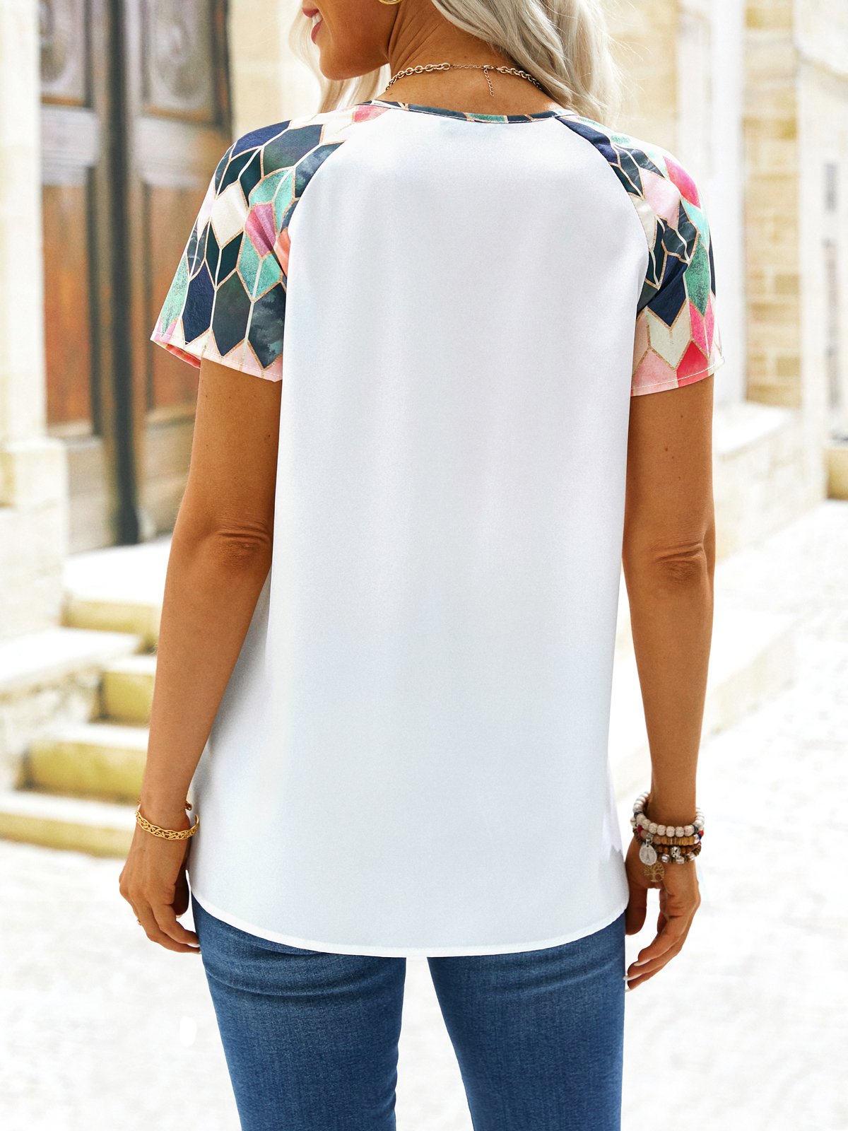 Casual Printed V Neck Short Sleeve Top