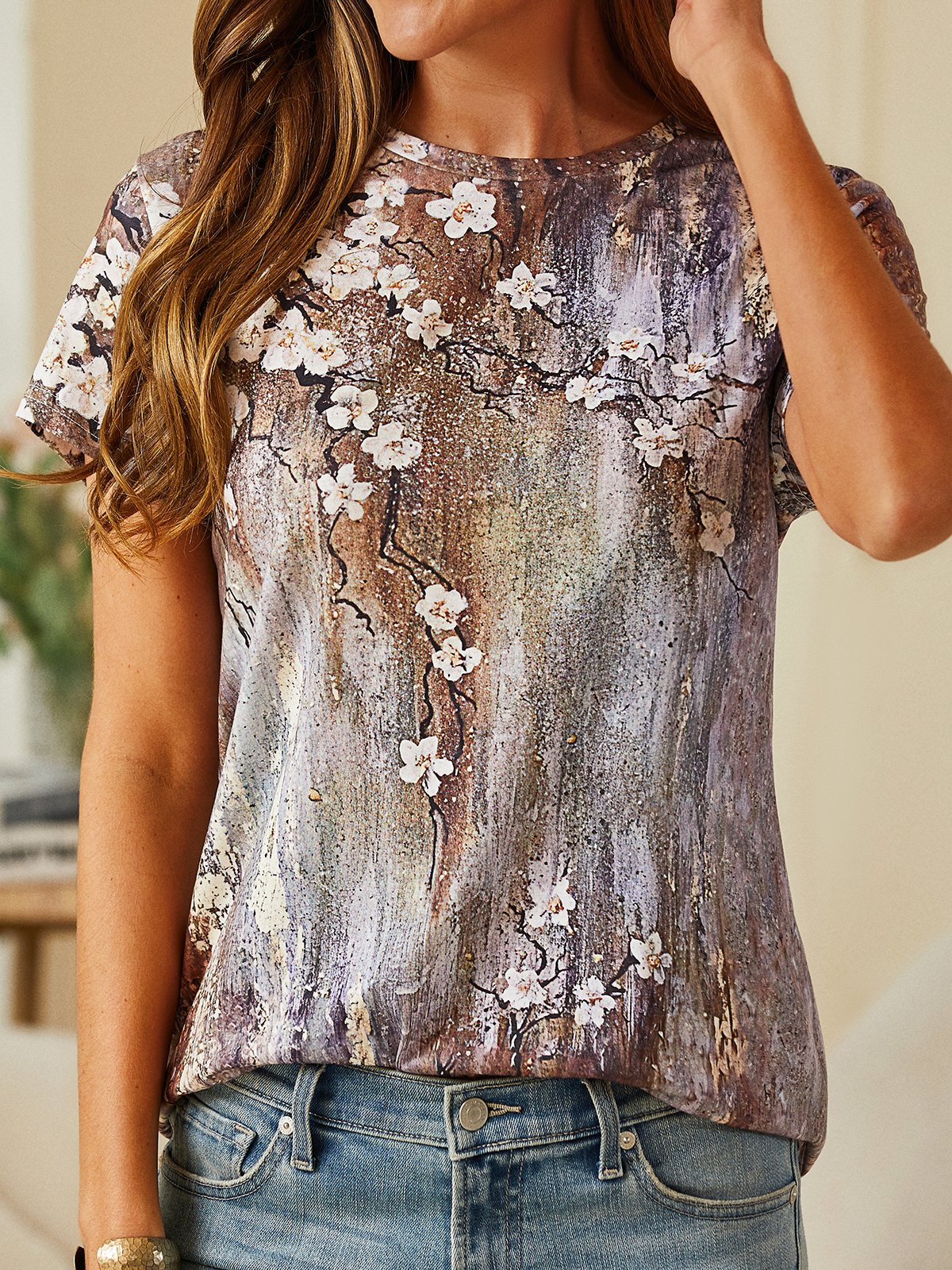 Casual Crew Neck Floral Short Sleeve T-Shirt