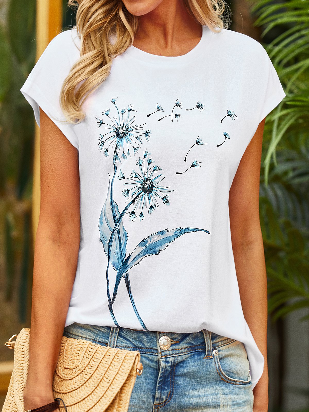 Casual Dandelion Short Sleeve Round Neck Printed Top T-Shirt