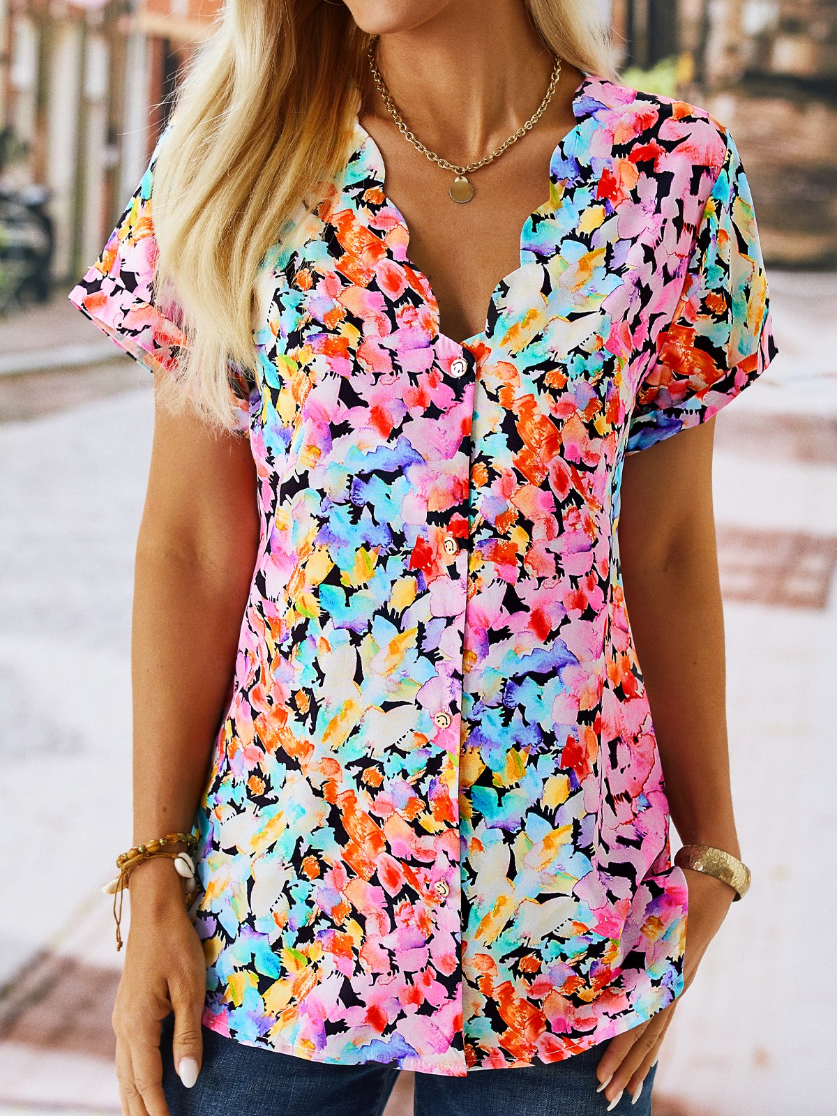 Floral V Neck Casual Short Sleeve Buttoned Blouse