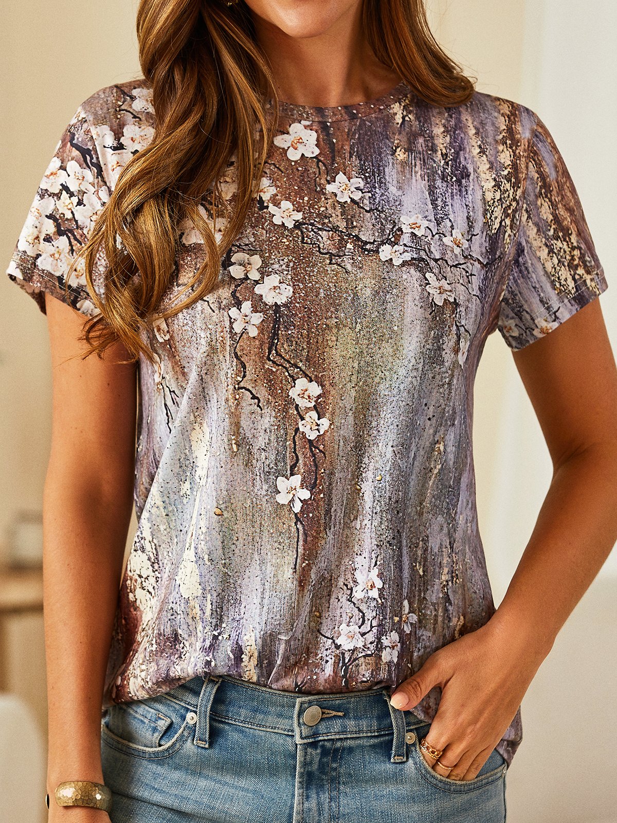 Casual Crew Neck Floral Short Sleeve T-Shirt