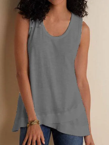 Solid Cotton-Blend Crew Neck Loose Tank & Cami