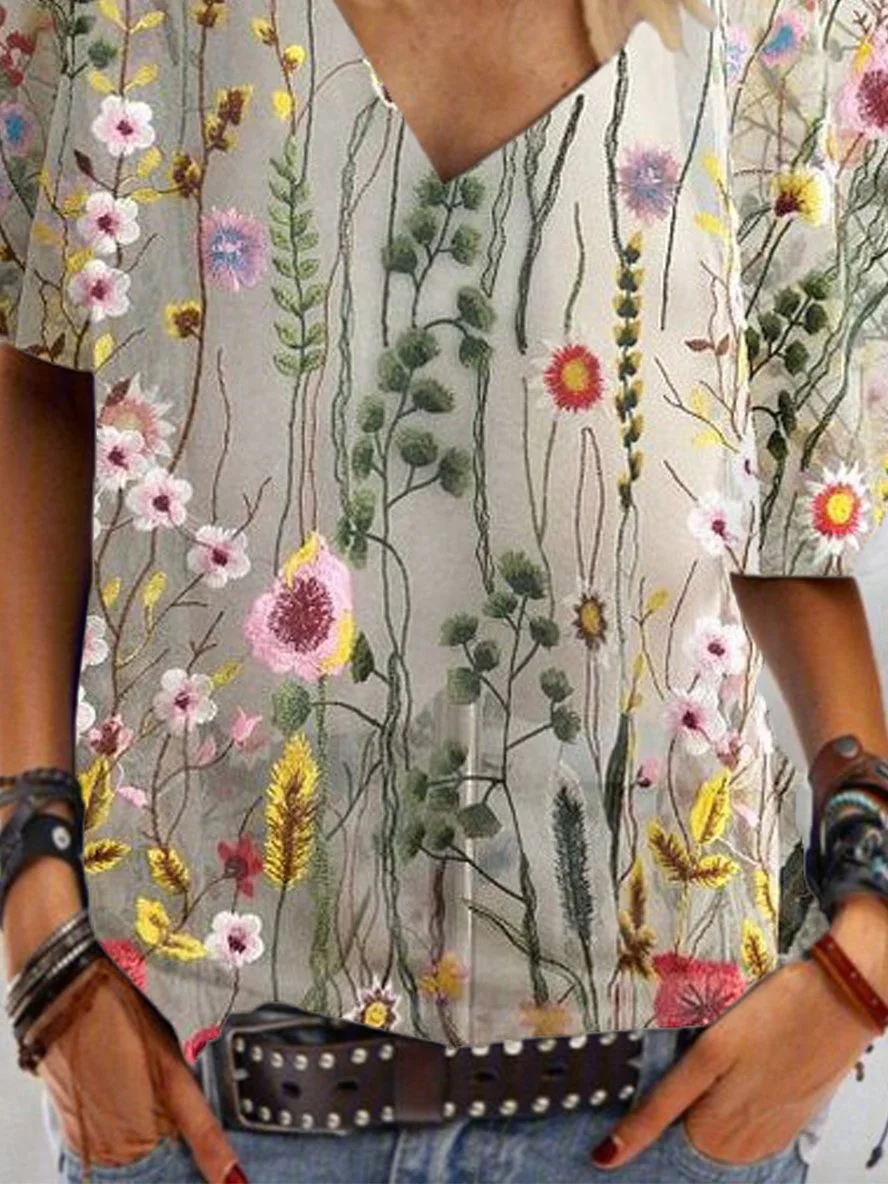 Casual Cotton-Blend V Neck Floral T-shirt