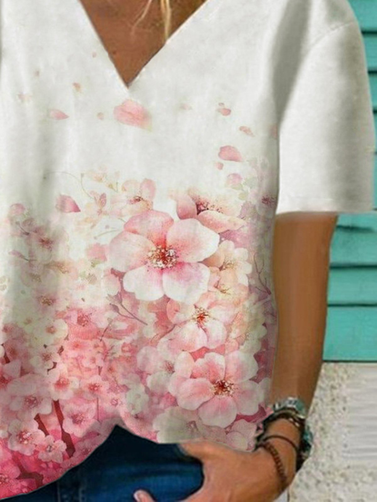 Loosen V Neck Floral Tops Outlet Noracora