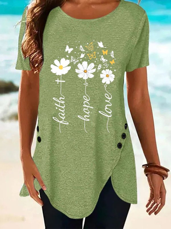 Casual Crew Neck Floral T-Shirts