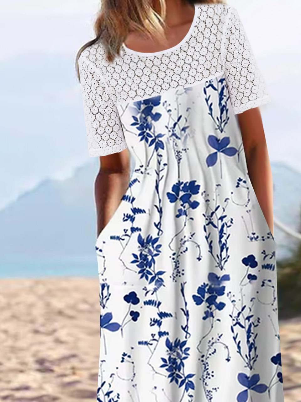 Casual Floral Printed Patchwork Lace Crew Neck Dress | outlet.noracora