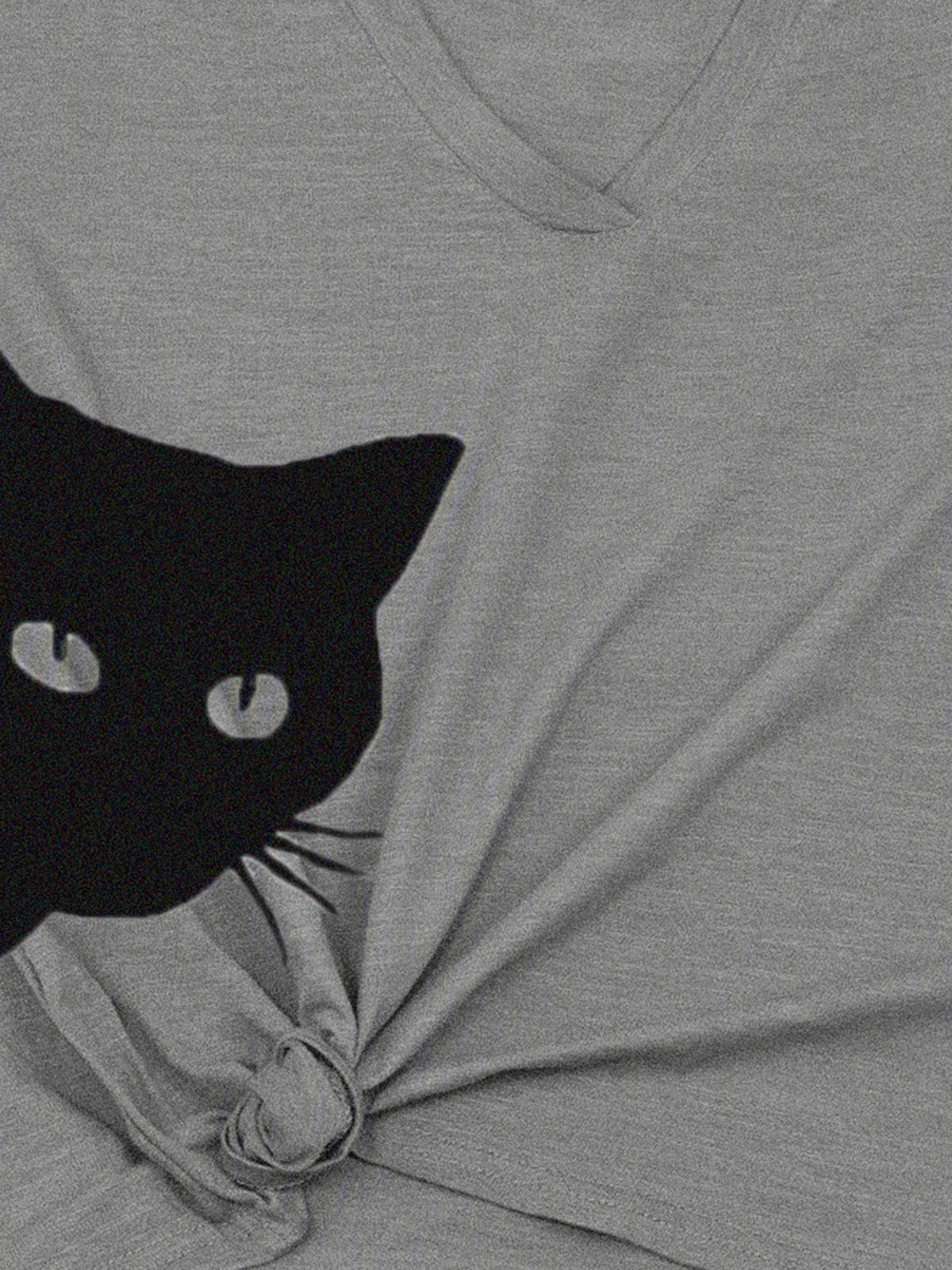 Cat Print V Neck Short Sleeve T-shirt