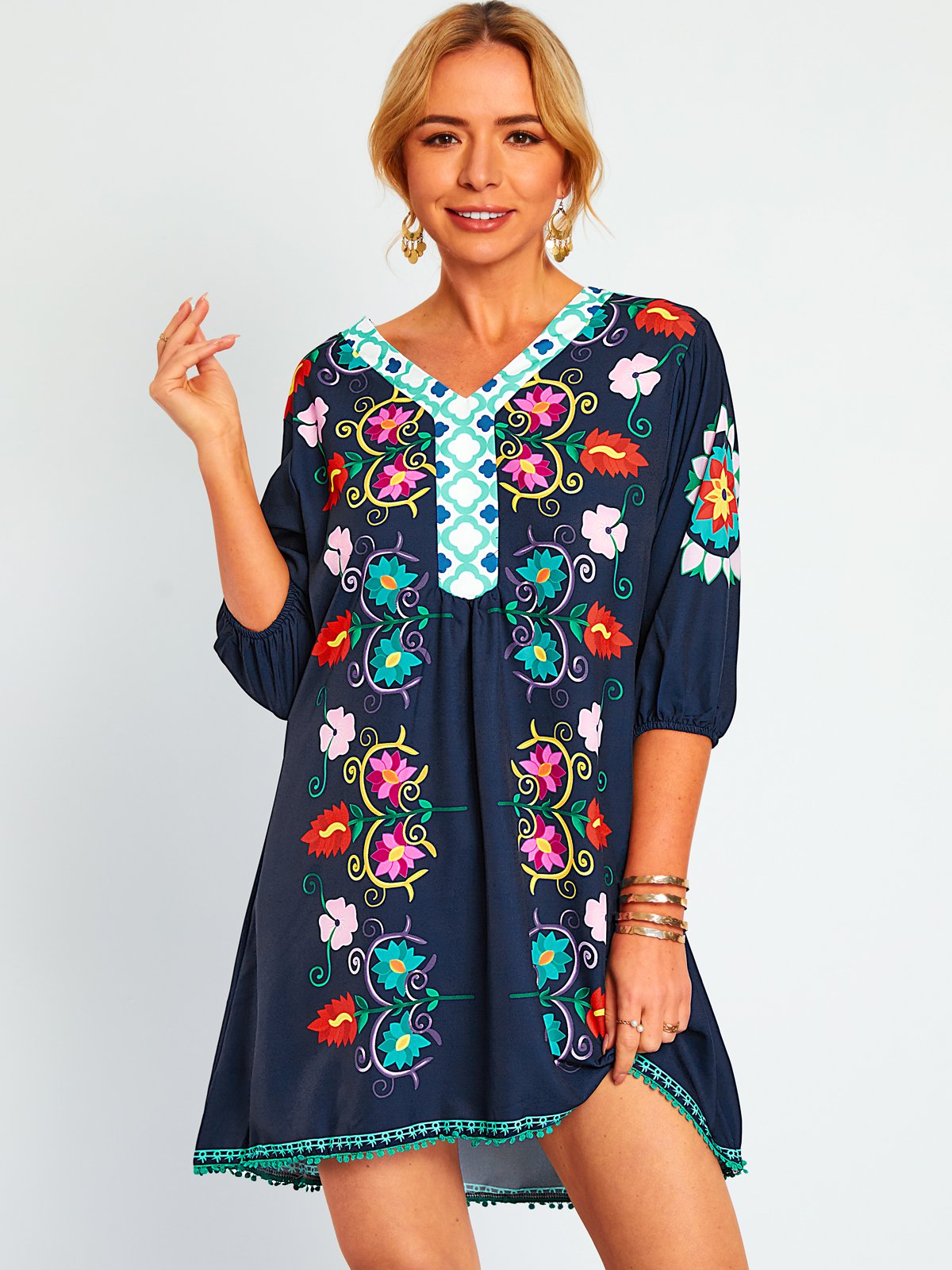 Loose Vacation V Neck Floral Auto-Clearance