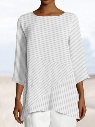 Striped Casual Crew Neck Cotton-Blend Loose Blouses