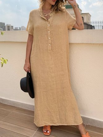 Plain Casual Polo Collar Cotton Maxi