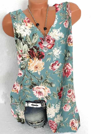 Printed V Neck Cotton Blends Tanks & Camis
