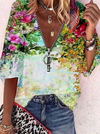 Fit Half Sleeve Vacation Floral Blouses