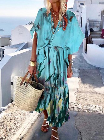 Leaves Half Sleeve Boho Dress