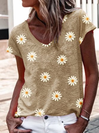 Floral Loose Casual V Neck T-Shirts