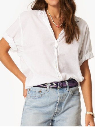 Shirt Collar Plain Vacation Cotton-Blend Blouses