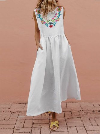 Sweet Loose Cotton-Blend Boat Neck Floral Dress