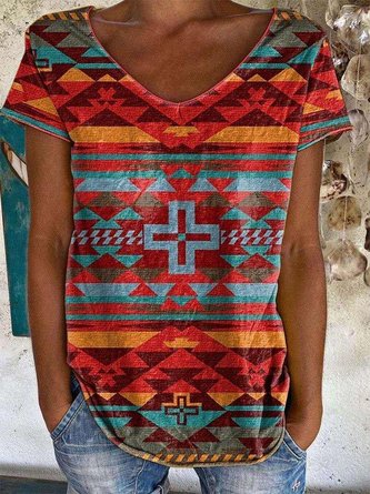 Geometric Loose Cotton-Blend V Neck T-shirt