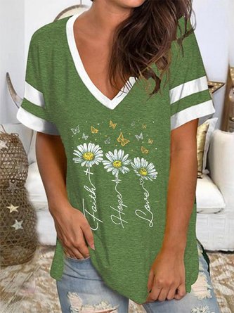 Casual Cotton-Blend Butterfly V Neck T-Shirts