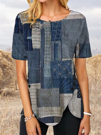 Loose Geometric Cotton-Blend Crew Neck Auto-Clearance