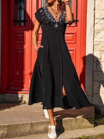 Loose V Neck Cotton-Blend Midi