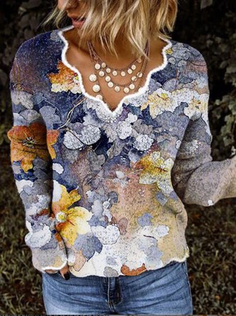 Leaves V Neck Loosen Tops