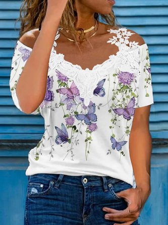 Floral V Neck Casual T-Shirts