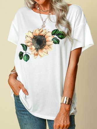 Loosen Cotton Blends Sunflower T-Shirts