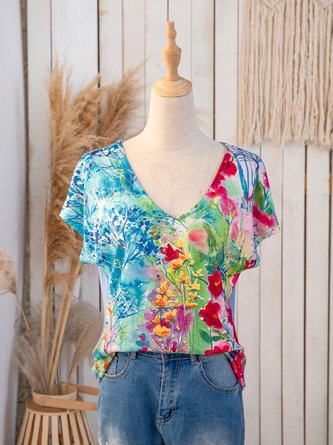 Floral Loose V Neck Auto-Clearance