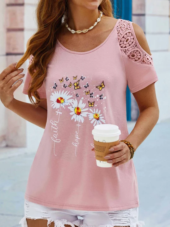 Floral Butterfly Printed Vacation Loosen Scoop Neckline Short Sleeve T-Shirt