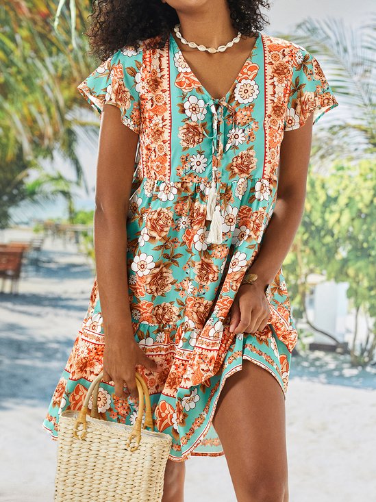 Floral  Short Sleeve  Printed  Cotton-blend  V neck  Boho Summer  Green Dress