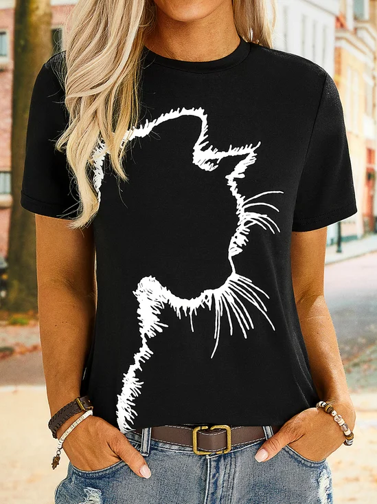 Cat Short Sleeve Round Neck Printed Tops T-shirts