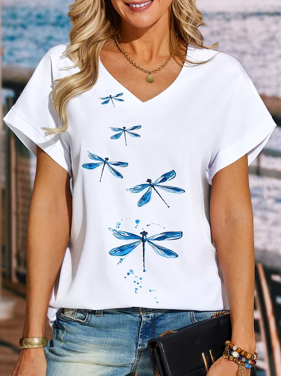 Casual Dragonfly V neck Short Sleeve Top
