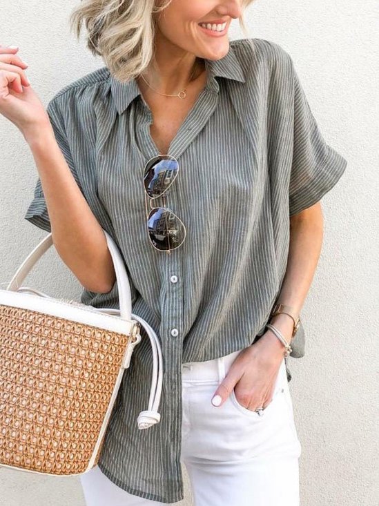 Casual V Neck Short Sleeve Striped Top