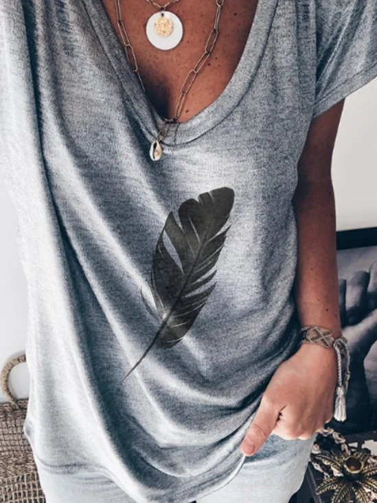 V Neck Graphic Loose Cotton Causal Top
