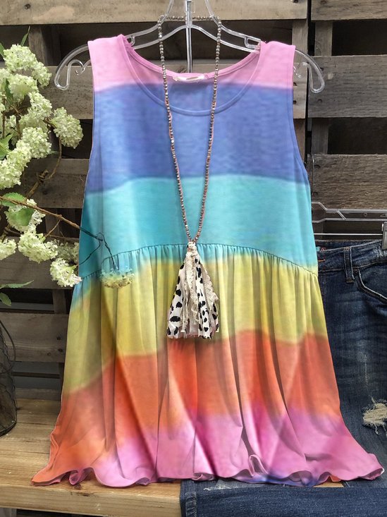 Crew Neck Cotton-Blend Casual Color Block Tank & Cami