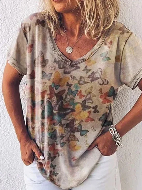 Cotton-Blend Floral Casual T-shirt