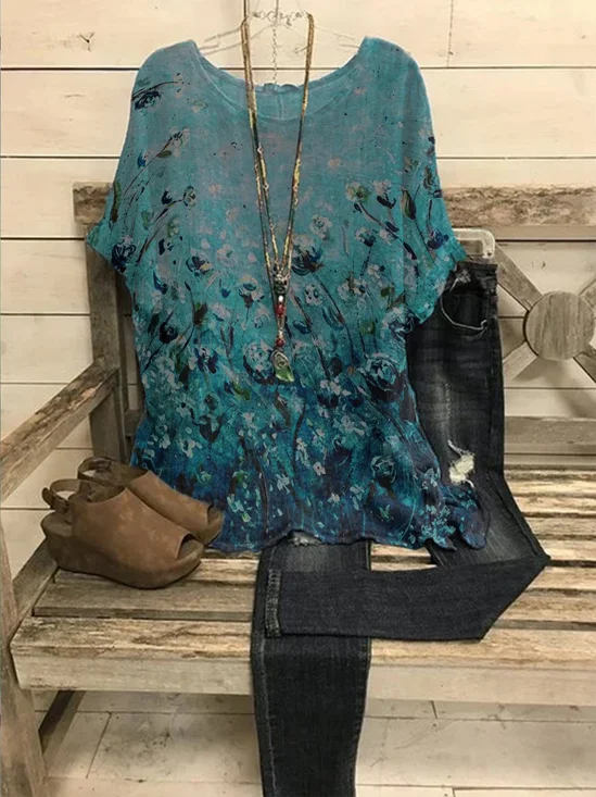 Cotton-Blend Loose Casual Floral Auto-Clearance