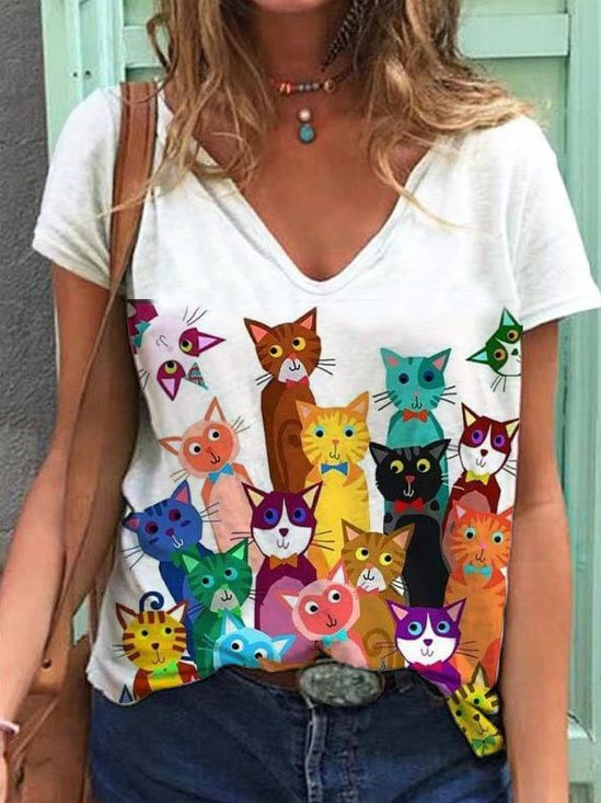 Printed Cotton-Blend Casual V Neck Auto-Clearance