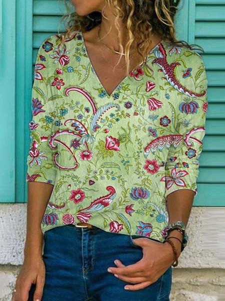 Casual Cotton-Blend Printed Blouses