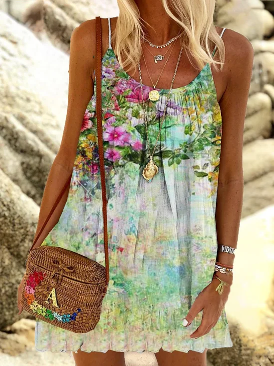 New Woemn Chic Vintage Boho Holiday Spaghetti-Strap Floral Weaving Dress